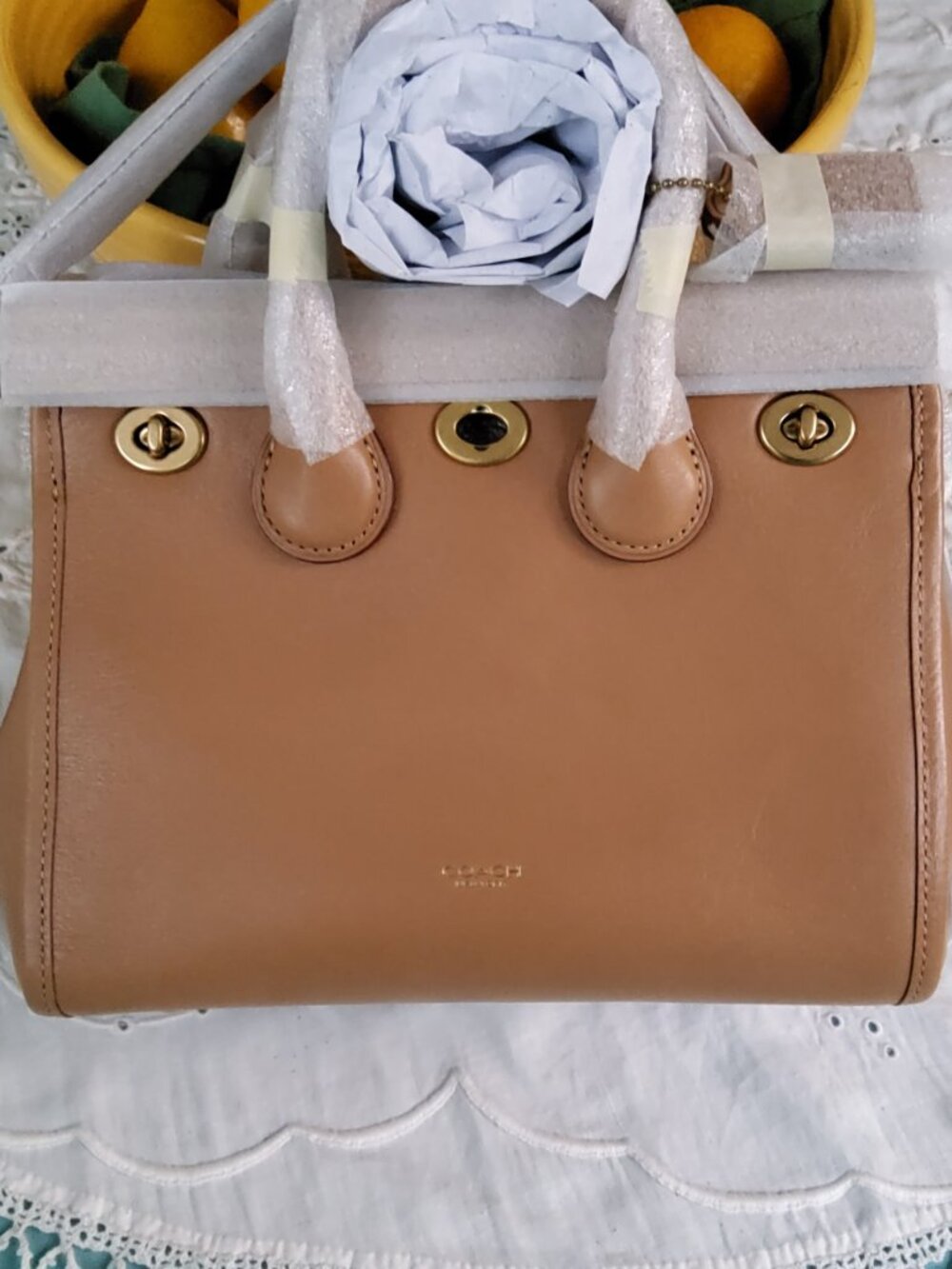 Coach Turnlock Tote Bag 22 in Sandstone (Triple Turnlock Runway)